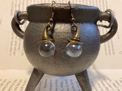 Wizard Witch Hat Earrings with Crystal Ball Antiqued Bronze - image3
